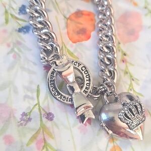 Juicy Couture Silver Bow Crown Heart Toggle Bracelet Locket Y2K Silvertone JC LO